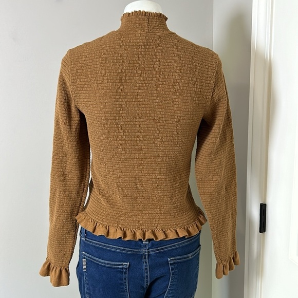 Nation LTD Emmy Smocked Turtleneck Top Cocoa Long Sleeve Ruffle Shirt Fall Sz L - Picture 8 of 13